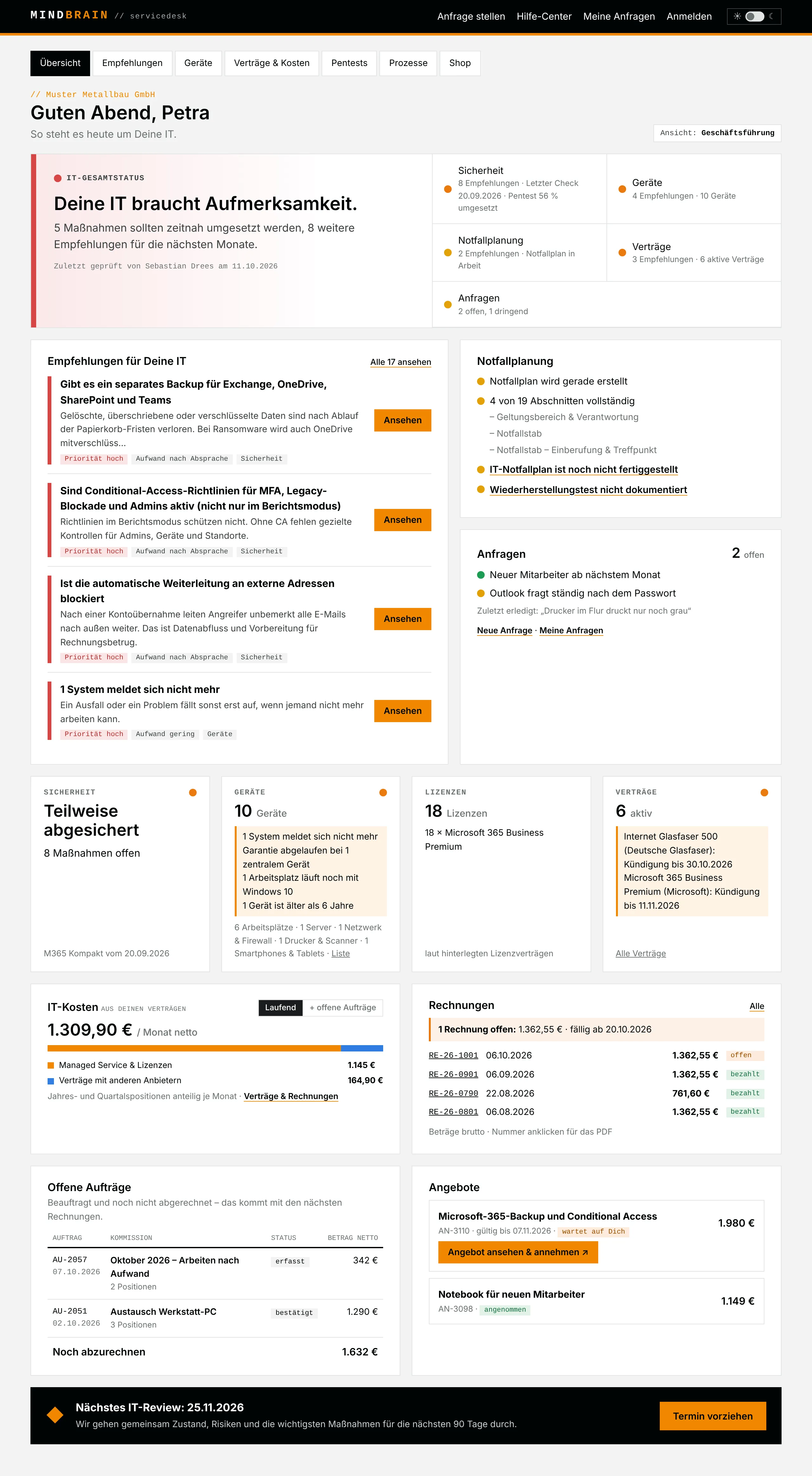 Beispiel-Cockpit eines Musterkunden mit rotem Gesamtstatus: IT braucht Aufmerksamkeit, priorisierte Empfehlungen, Pentest-Fortschritt, Kosten, Rechnungen und Angebote